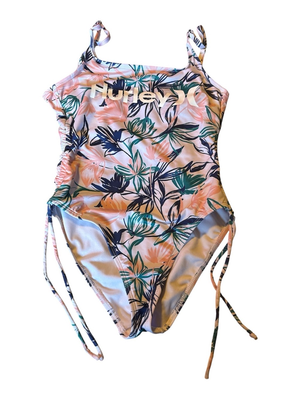 Hurley Pink Floral One-Piece Swimsuit with Green and Navy Accents
